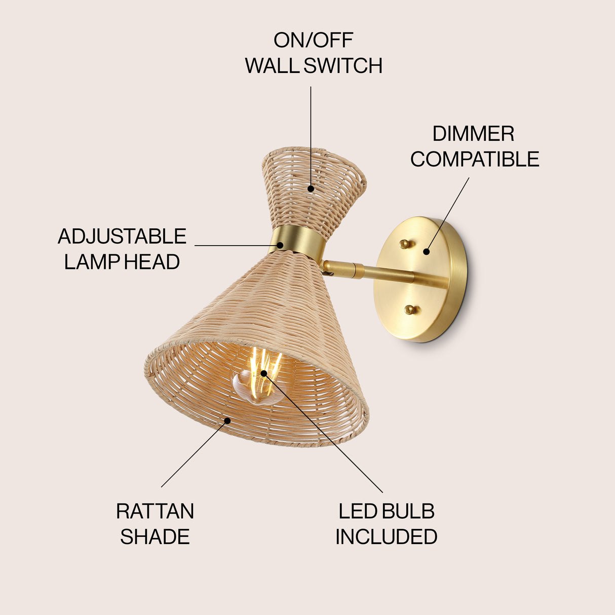 Zoey 1-light mid-century vintage retro rattan/metal led sconce with adjustable shade