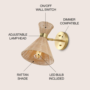 Zoey 1-light mid-century vintage retro rattan/metal led sconce with adjustable shade