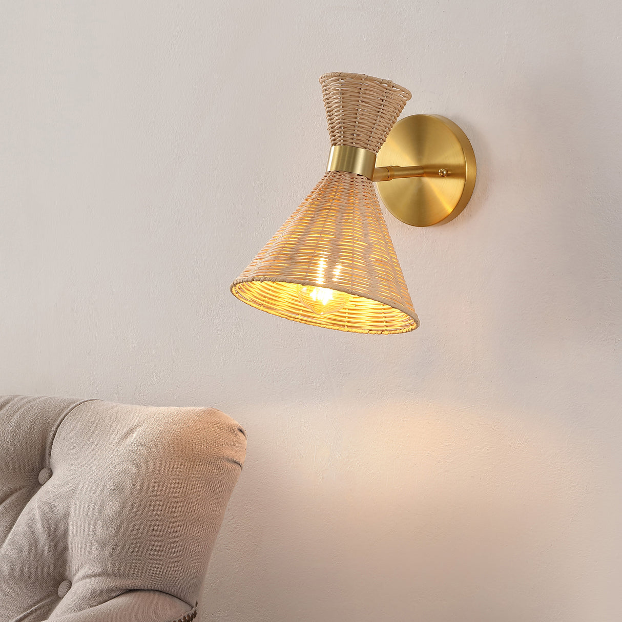 Zoey 1-light mid-century vintage retro rattan/metal led sconce with adjustable shade