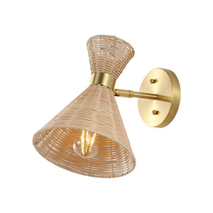 Zoey 1-light mid-century vintage retro rattan/metal led sconce with adjustable shade