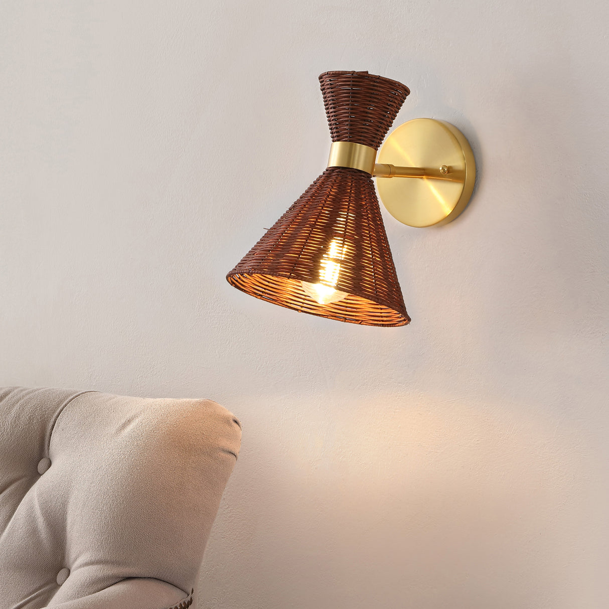 Zoey 1-light mid-century vintage retro rattan/metal led sconce with adjustable shade