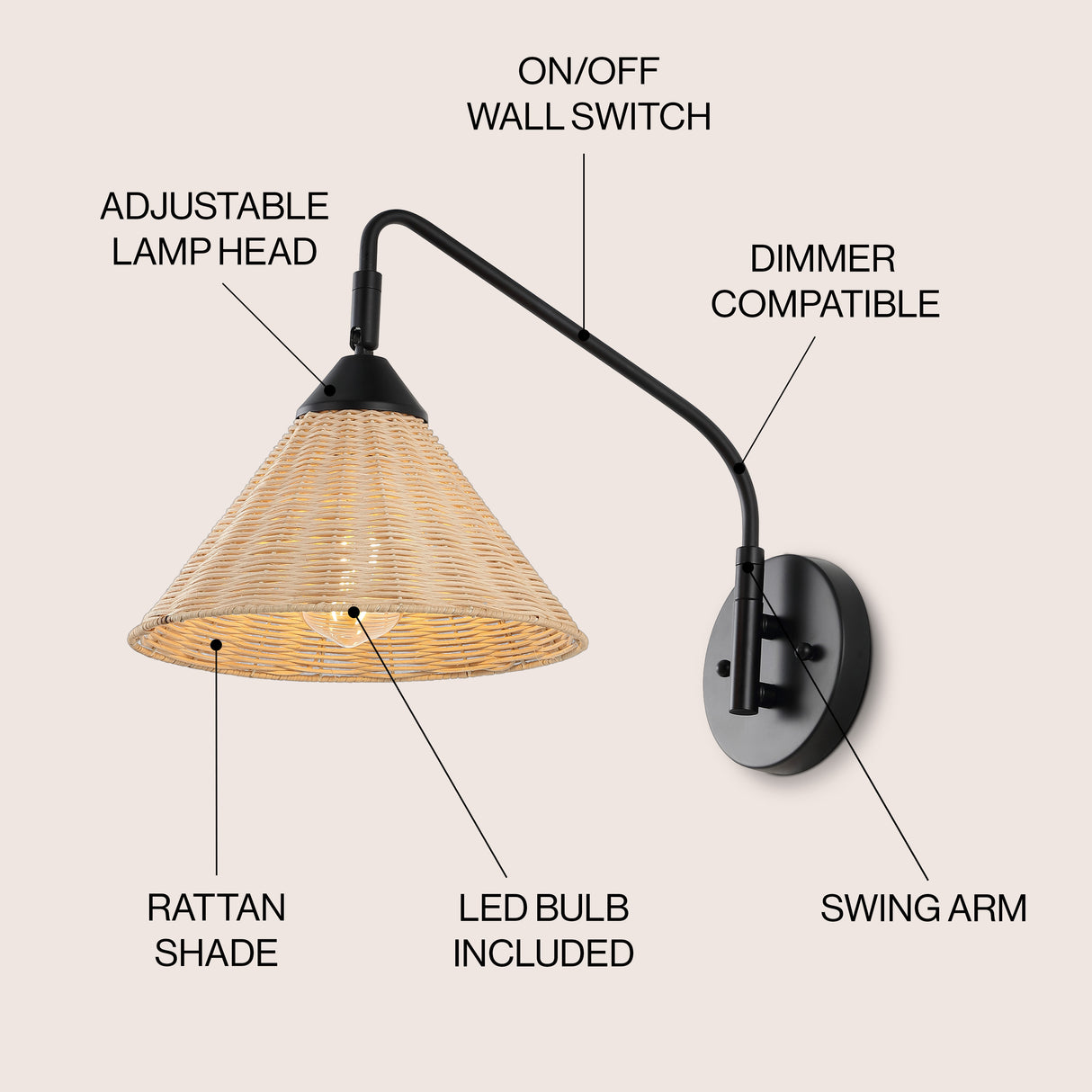 Kiawah 1-light vintage coastal rattan/metal swing arm led sconce