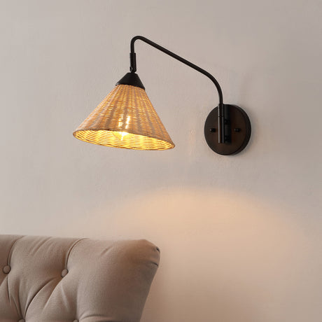 Kiawah 1-light vintage coastal rattan/metal swing arm led sconce
