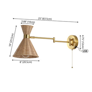 Lily 1-light mid-century vintage retro rattan/metal usb charging swing arm led sconce with pull chain