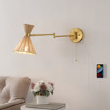 Lily 1-light mid-century vintage retro rattan/metal usb charging swing arm led sconce with pull chain