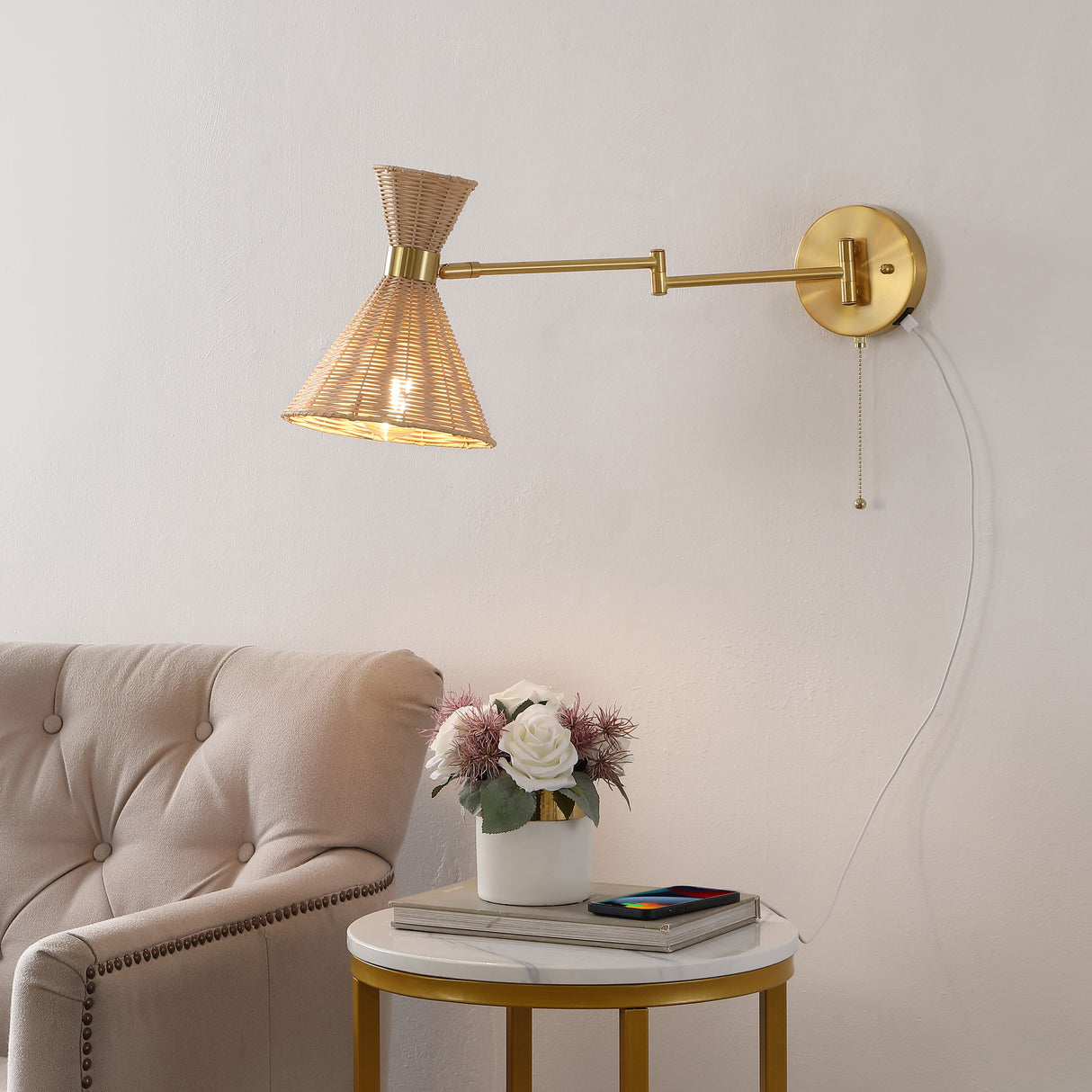 Lily 1-light mid-century vintage retro rattan/metal usb charging swing arm led sconce with pull chain