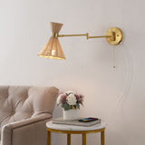 Lily 1-light mid-century vintage retro rattan/metal usb charging swing arm led sconce with pull chain