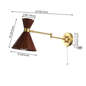 Lily 1-light mid-century vintage retro rattan/metal usb charging swing arm led sconce with pull chain