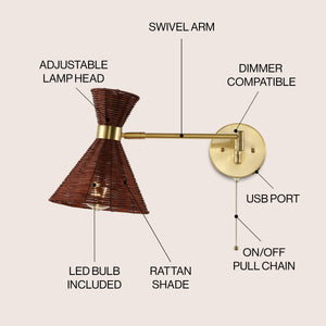 Lily 1-light mid-century vintage retro rattan/metal usb charging swing arm led sconce with pull chain