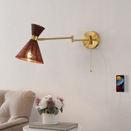 Lily 1-light mid-century vintage retro rattan/metal usb charging swing arm led sconce with pull chain