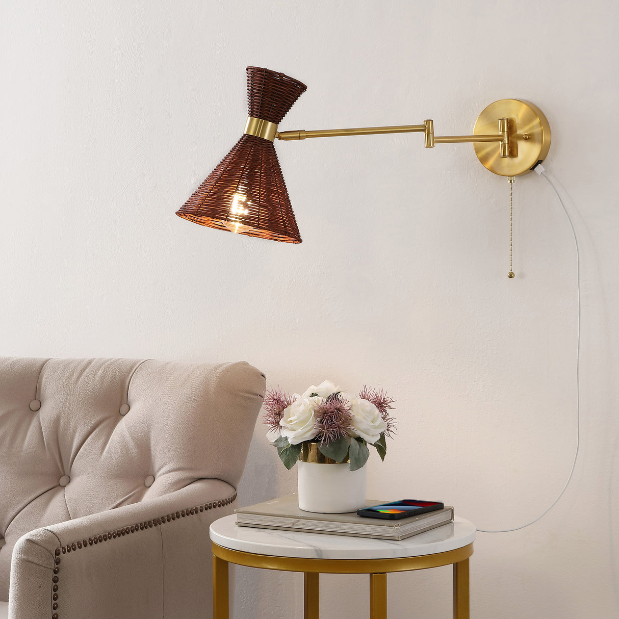 Lily 1-light mid-century vintage retro rattan/metal usb charging swing arm led sconce with pull chain