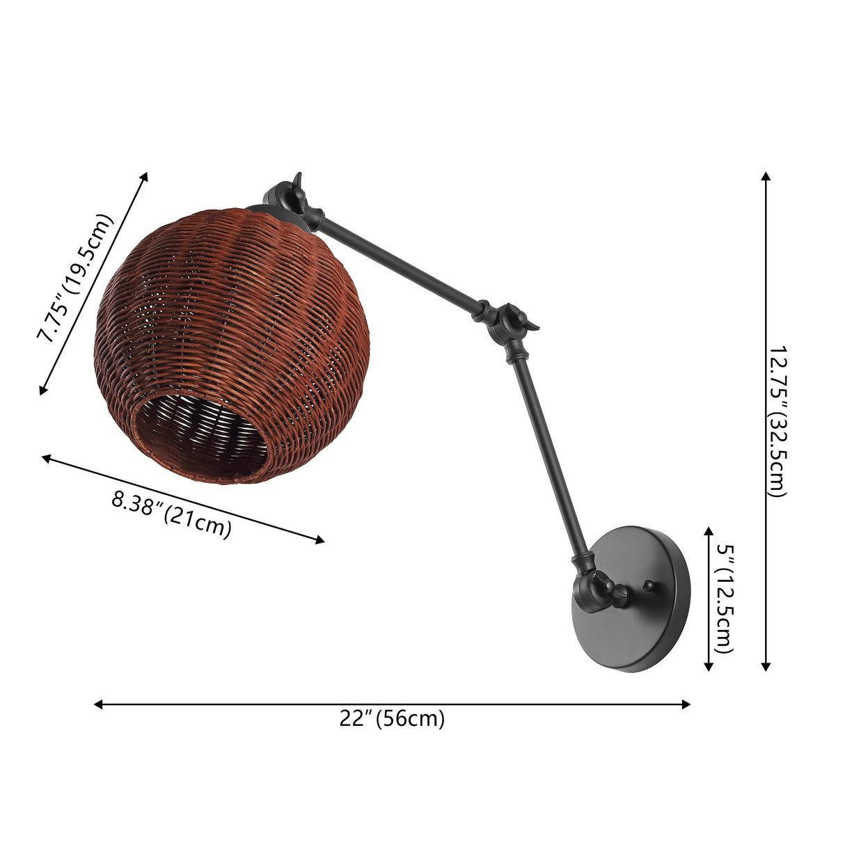 Lyla 1-light mid-century vintage rattan globe swing arm led sconce