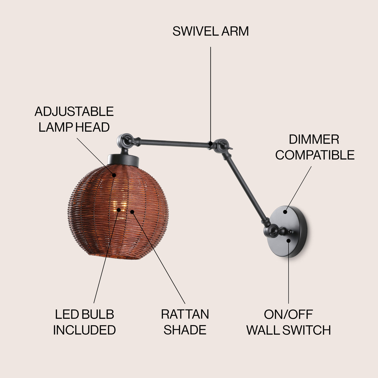 Lyla 1-light mid-century vintage rattan globe swing arm led sconce