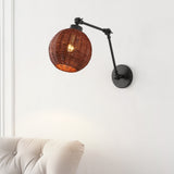 Lyla 1-light mid-century vintage rattan globe swing arm led sconce
