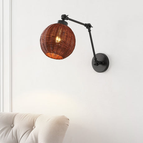 Lyla 1-light mid-century vintage rattan globe swing arm led sconce