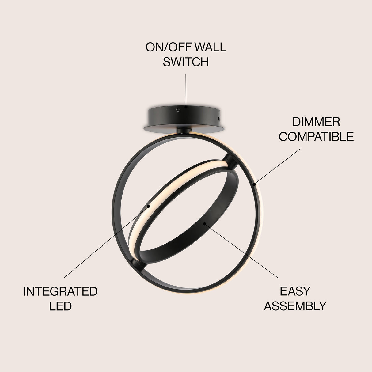 Nicole 2-Light Modern Minimalist Aluminum Ring Integrated LED Semi Flush Mount