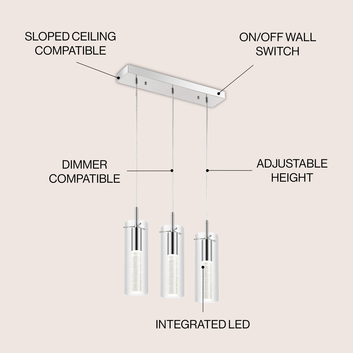 Mium 3-Light Modern Style Iron/Crystal/Glass Integrated LED Linear Pendant