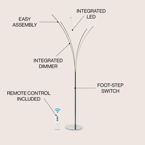 Fuochi Modern Minimalist Metal 5-Branch Arc Dimmable Integrated LED Floor Lamp with Remote Control