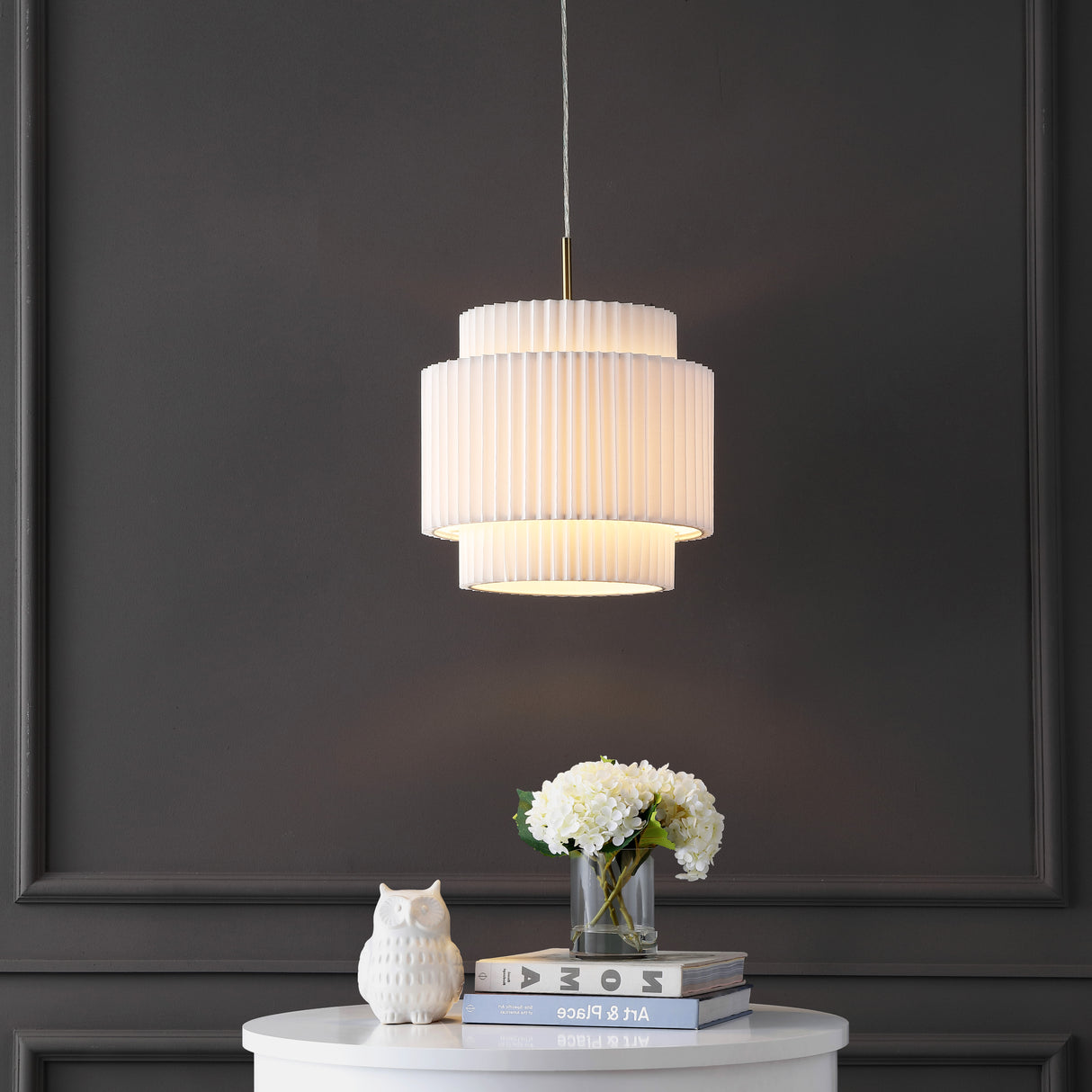 Boden 1-Light Vintage Mid-Century Iron LED Pendant with Pleated Shade