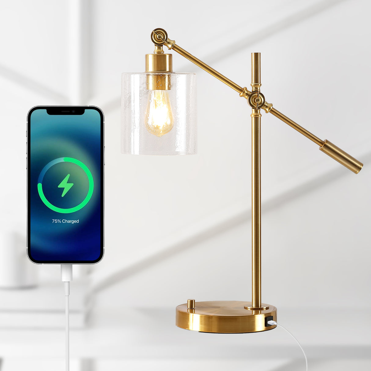Kathryn Iron/Seeded Glass Adjustable Head Modern USB Charging LED Task Lamp