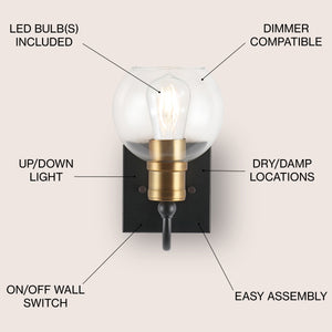 Marais 1-Light Iron/Glass Rustic Vintage LED Vanity Light