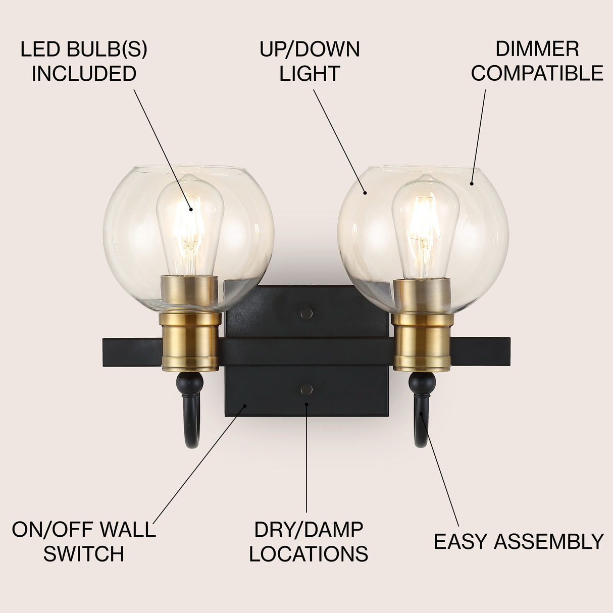 Marais 2-Light Iron/Glass Rustic Vintage LED Vanity Light