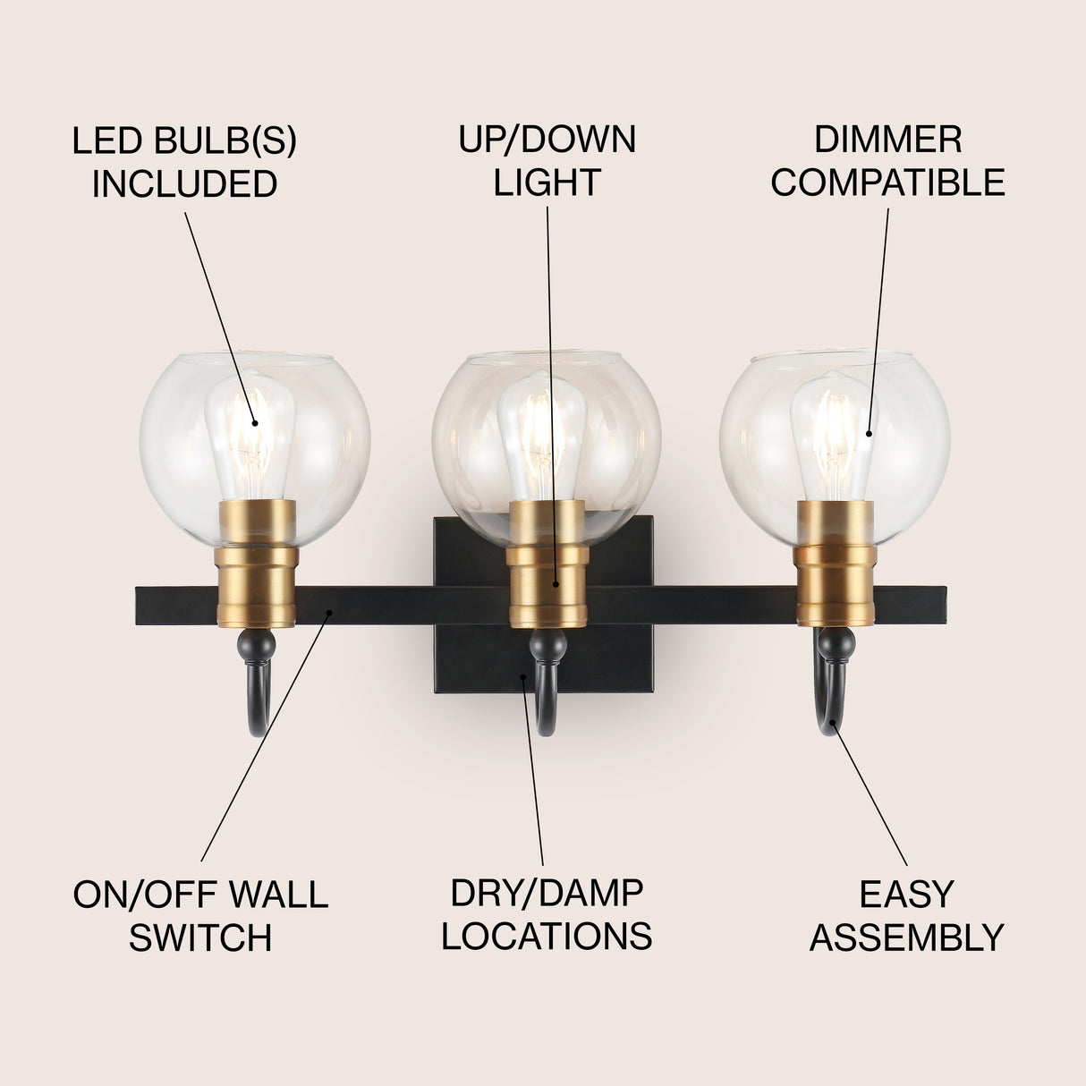 Marais 3-Light Iron/Glass Rustic Vintage LED Vanity Light