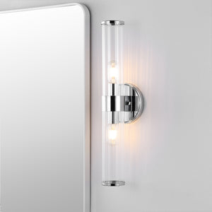 Cecil 2-Light Tall Cylinder Iron/Striped Glass Modern Mid-Century LED Vanity