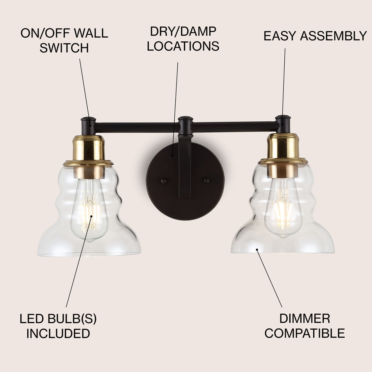 Manhattan 2-Light Metal/Glass Industrial Rustic LED Vanity