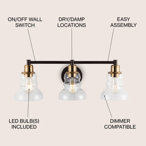 Manhattan 3-Light Metal/Glass Industrial Rustic LED Vanity