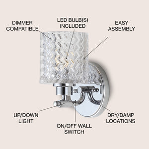 Spaulding 1-Light Iron/Chevron Pattern Glass Farmhouse Cottage LED Vanity Light