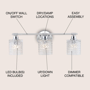 Spaulding 3-Light Iron/Chevron Pattern Glass Farmhouse Cottage LED Vanity Light