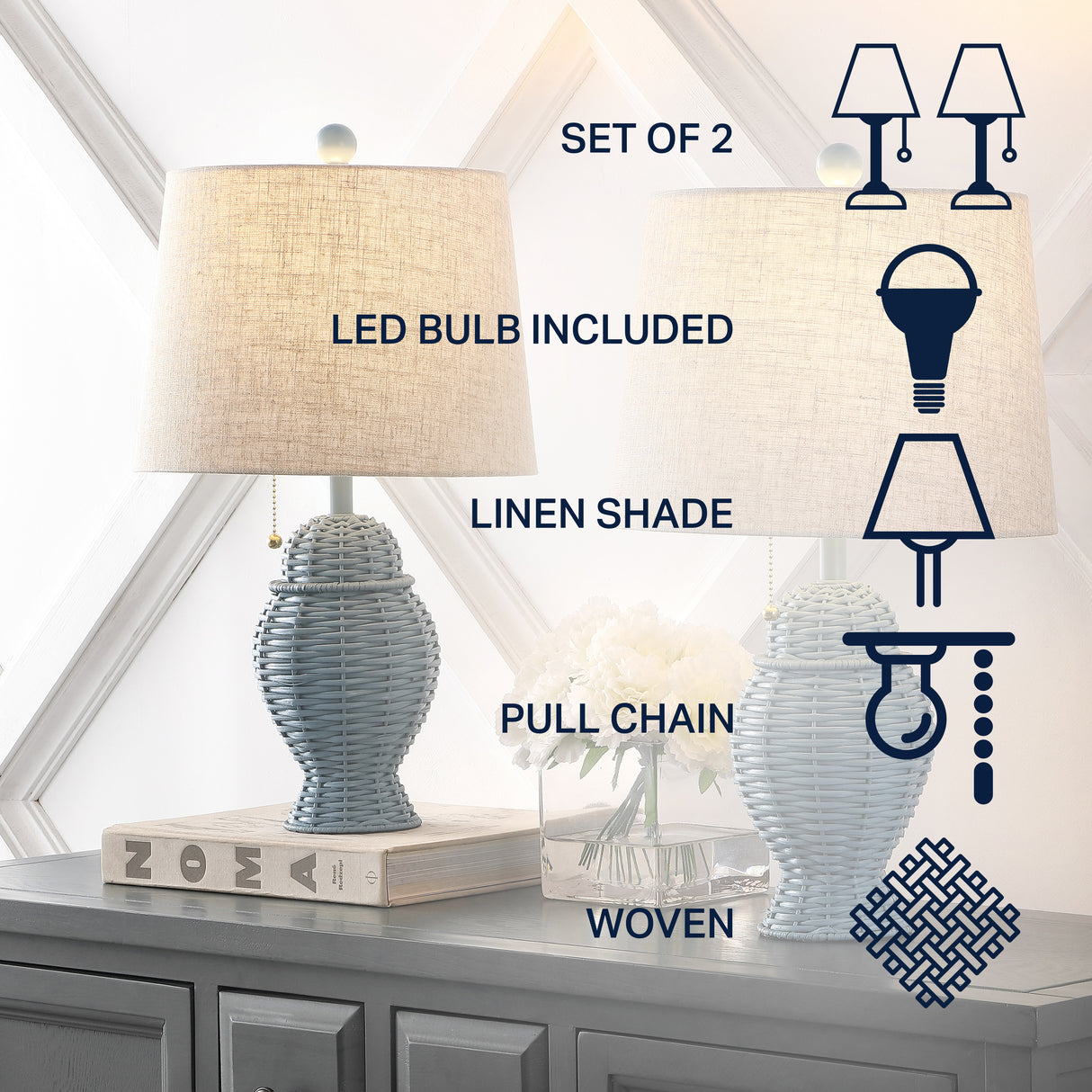Margie Pair of Wicker Ginger-Jar Table Lamps