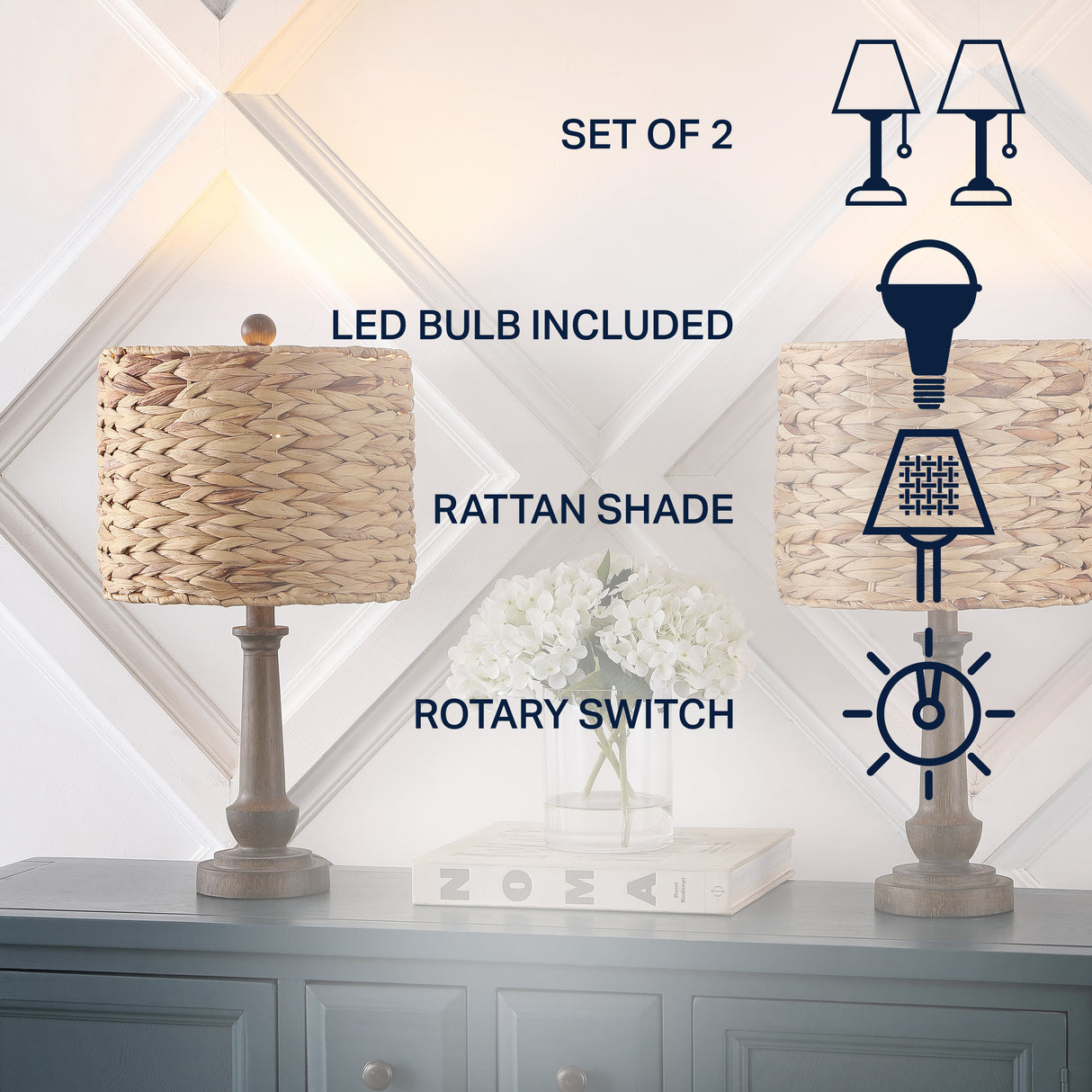 Leona Set of 2 Bohemian Rattan & Resin Table Lamps