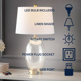 Reese 1-Outlet Contemporary Style Iron/Glass LED Table Lamp with USB Charging Port