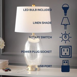 Reese 1-Outlet Contemporary Style Iron/Glass LED Table Lamp with USB Charging Port