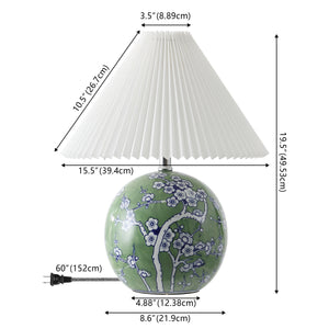 Shishen Cottage Classic Chinoiserie Ceramic Orb LED Table Lamp with Pleated Shade