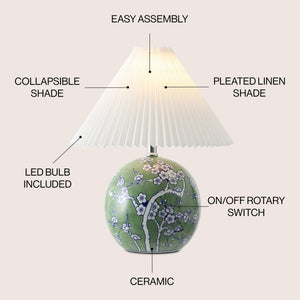 Shishen Cottage Classic Chinoiserie Ceramic Orb LED Table Lamp with Pleated Shade