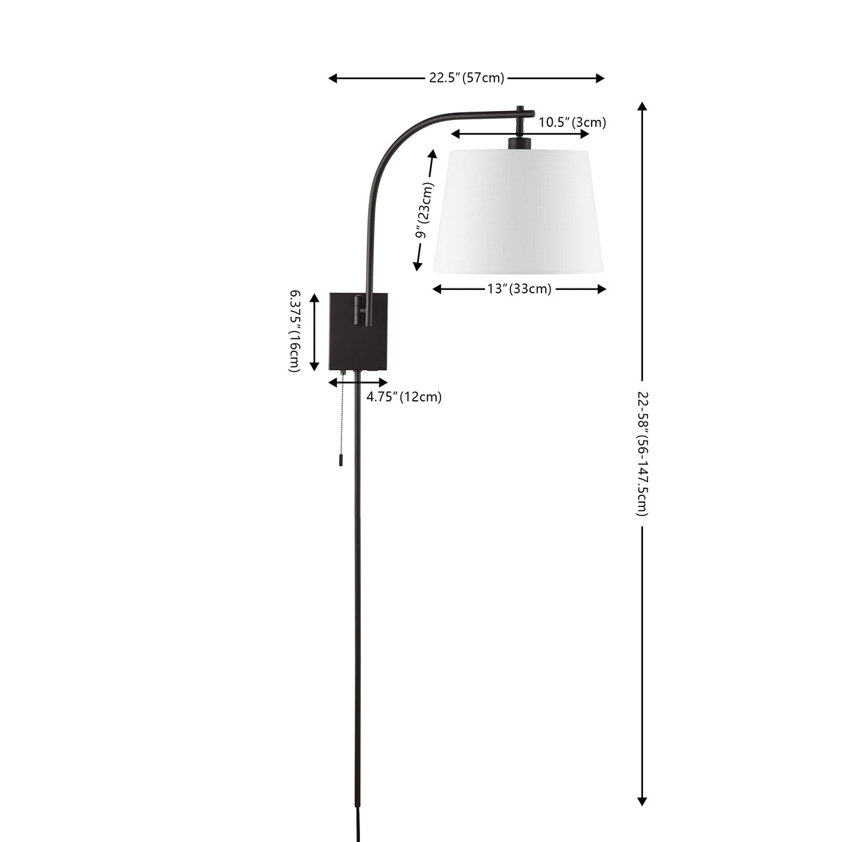 Gosling 1-Light Mid-Century Modern Plug-In or Hardwired Iron LED Gooseneck Swing Arm Wall Sconce with Pull-Chain and USB Charging Port