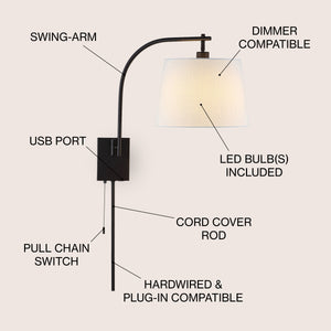 Gosling 1-Light Mid-Century Modern Plug-In or Hardwired Iron LED Gooseneck Swing Arm Wall Sconce with Pull-Chain and USB Charging Port