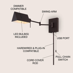Arlo 1-Light Farmhouse Industrial Single Swing Arm Plug-In or Hardwired Iron LED Wall Sconce with Pull-Chain USB Charging Port