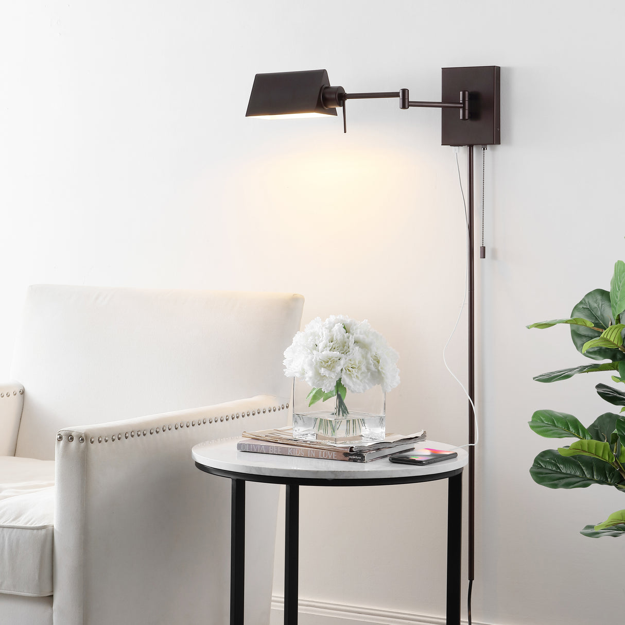 Arlo 1-Light Farmhouse Industrial Single Swing Arm Plug-In or Hardwired Iron LED Wall Sconce with Pull-Chain USB Charging Port
