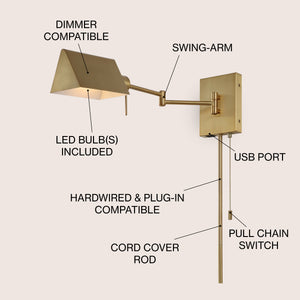 Arlo 1-Light Farmhouse Industrial Single Swing Arm Plug-In or Hardwired Iron LED Wall Sconce with Pull-Chain USB Charging Port