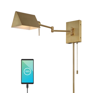 Arlo 1-Light Farmhouse Industrial Single Swing Arm Plug-In or Hardwired Iron LED Wall Sconce with Pull-Chain USB Charging Port