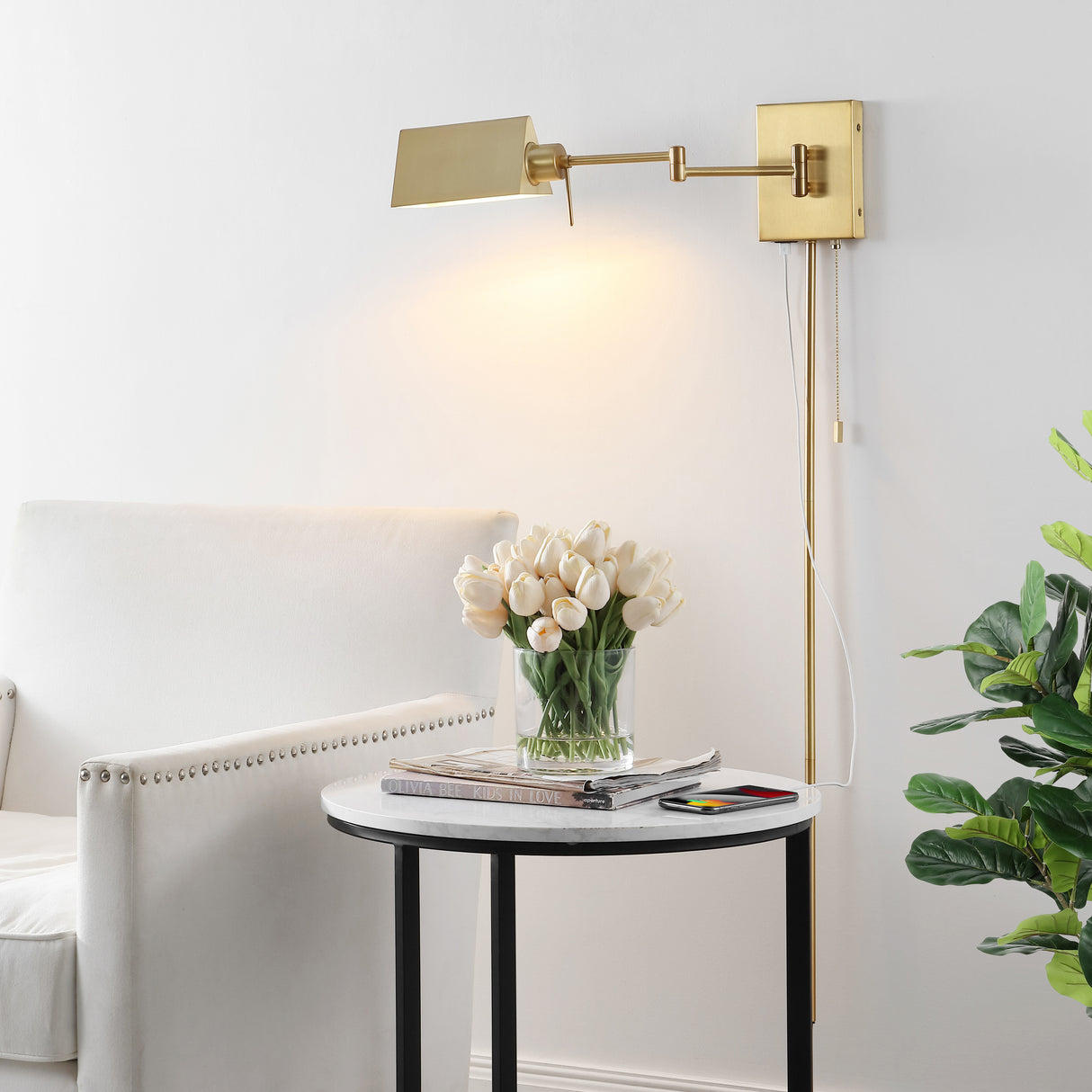 Arlo 1-Light Farmhouse Industrial Single Swing Arm Plug-In or Hardwired Iron LED Wall Sconce with Pull-Chain USB Charging Port