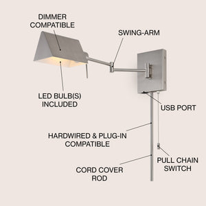 Arlo 1-Light Farmhouse Industrial Single Swing Arm Plug-In or Hardwired Iron LED Wall Sconce with Pull-Chain USB Charging Port