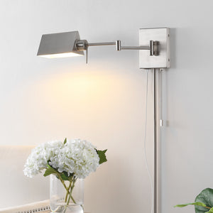 Arlo 1-Light Farmhouse Industrial Single Swing Arm Plug-In or Hardwired Iron LED Wall Sconce with Pull-Chain USB Charging Port