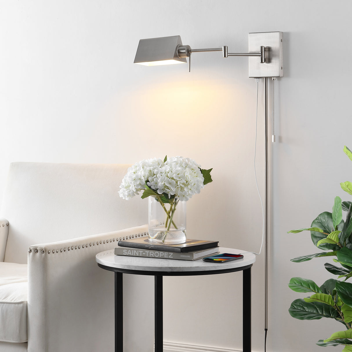 Arlo 1-Light Farmhouse Industrial Single Swing Arm Plug-In or Hardwired Iron LED Wall Sconce with Pull-Chain USB Charging Port