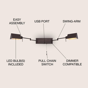 Arlo 2-Light Farmhouse Industrial Double Swing Arm Iron LED Wall Sconce with Pull-Chain USB Charging Port