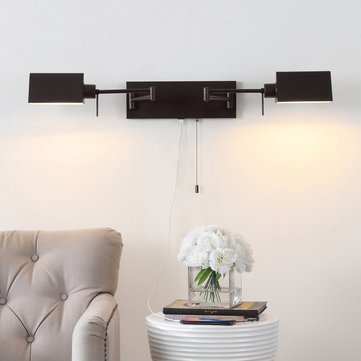 Arlo 2-Light Farmhouse Industrial Double Swing Arm Iron LED Wall Sconce with Pull-Chain USB Charging Port